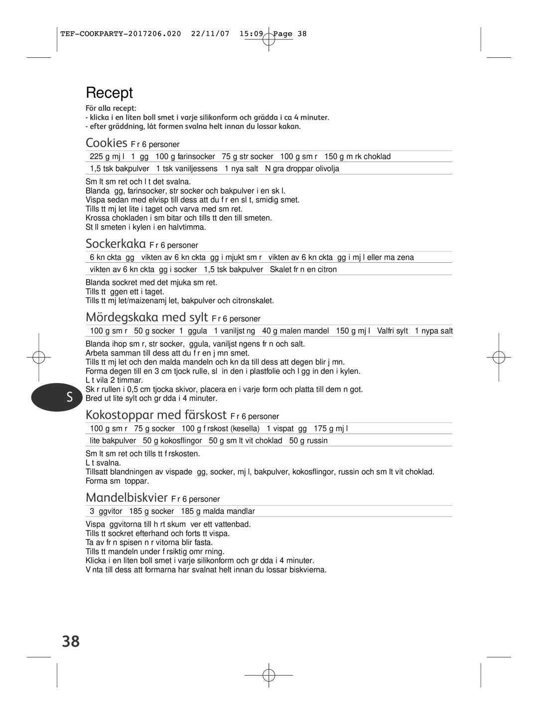 Tefal KD500012 manual Recept, Mördegskaka med sylt För 6 personer, Kokostoppar med färskost För 6 personer 