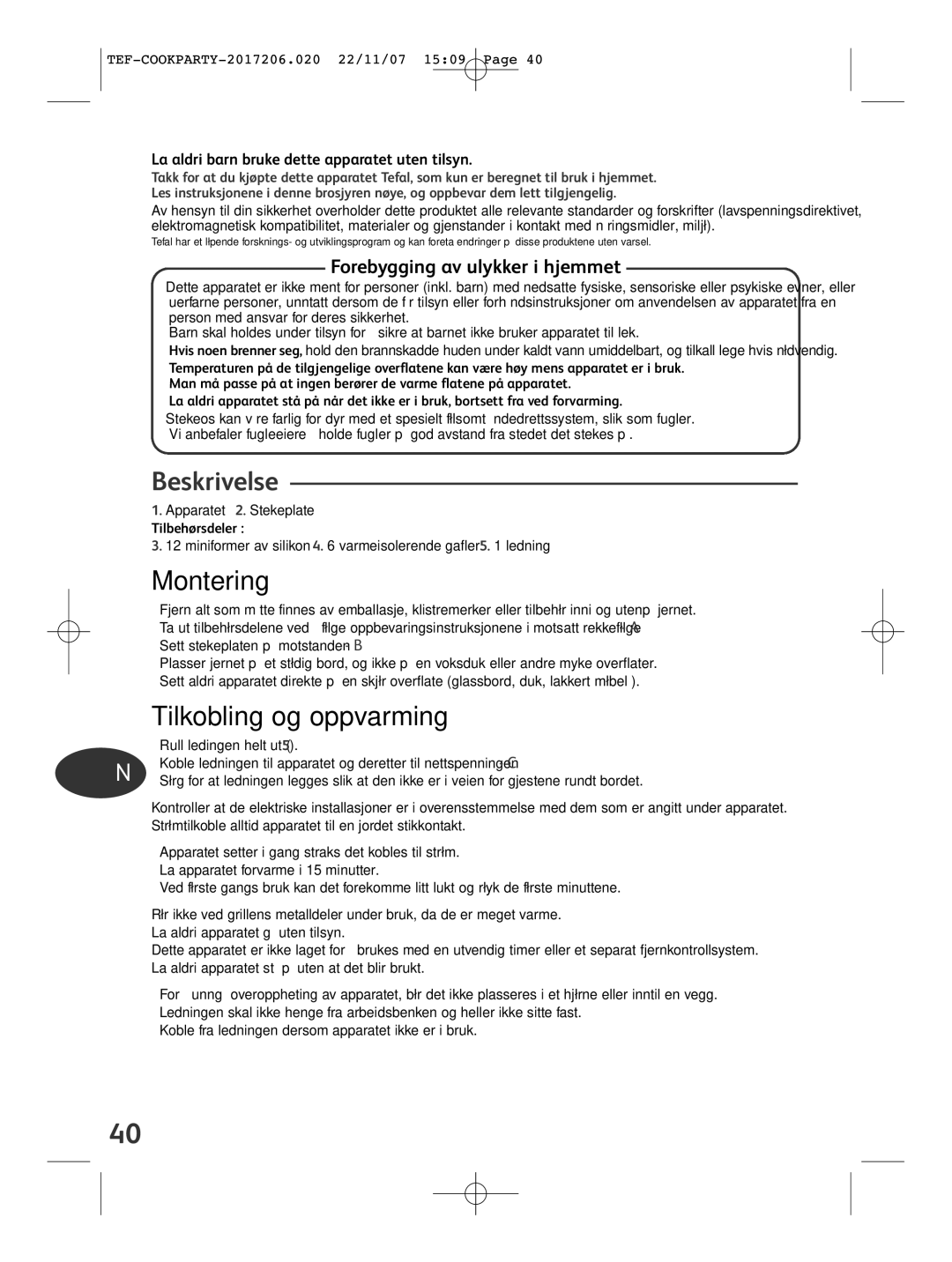 Tefal KD500012 manual Beskrivelse, Tilkobling og oppvarming, Forebygging av ulykker i hjemmet 