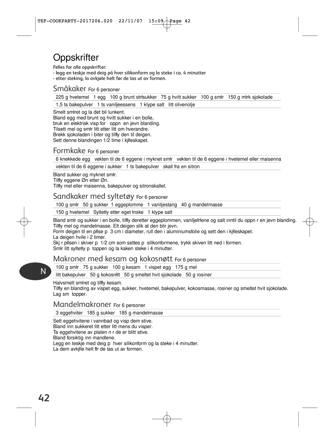 Tefal KD500012 manual Oppskrifter, Sandkaker med syltetøy For 6 personer, Makroner med kesam og kokosnøtt For 6 personer 
