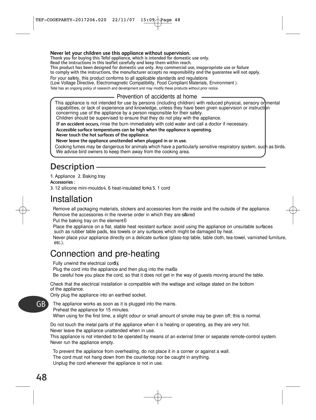 Tefal KD500012 manual Connection and pre-heating, Prevention of accidents at home 