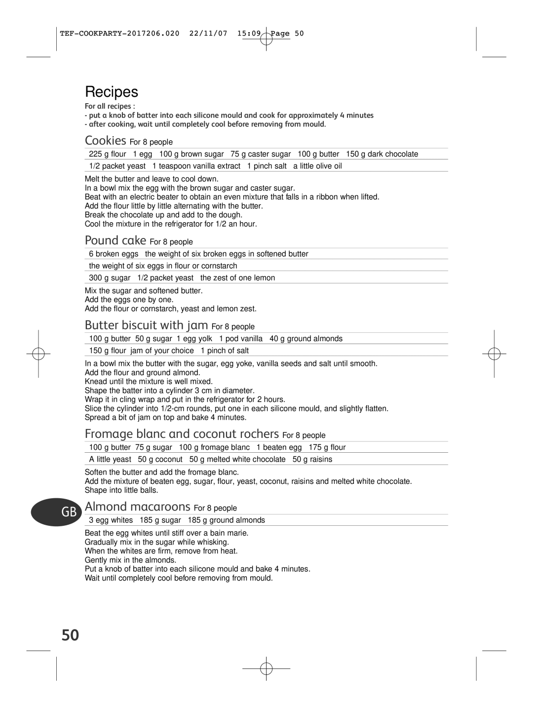 Tefal KD500012 manual Recipes, Butter biscuit with jam For 8 people, Fromage blanc and coconut rochers For 8 people 