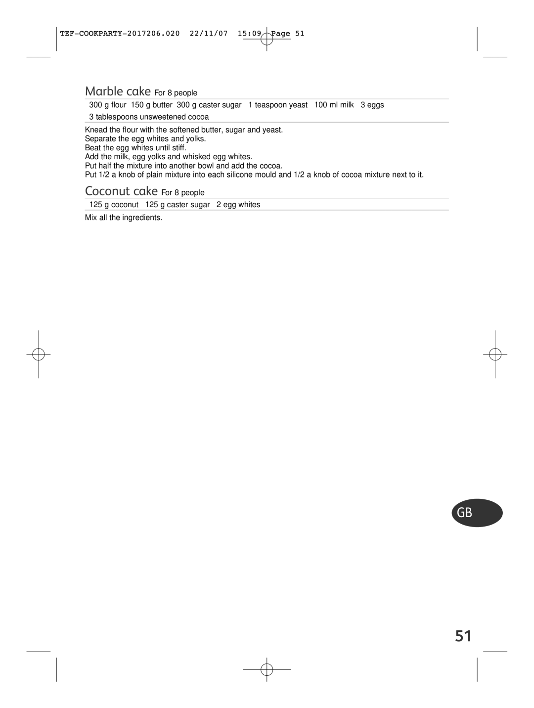 Tefal KD500012 manual Marble cake For 8 people, Coconut cake For 8 people 