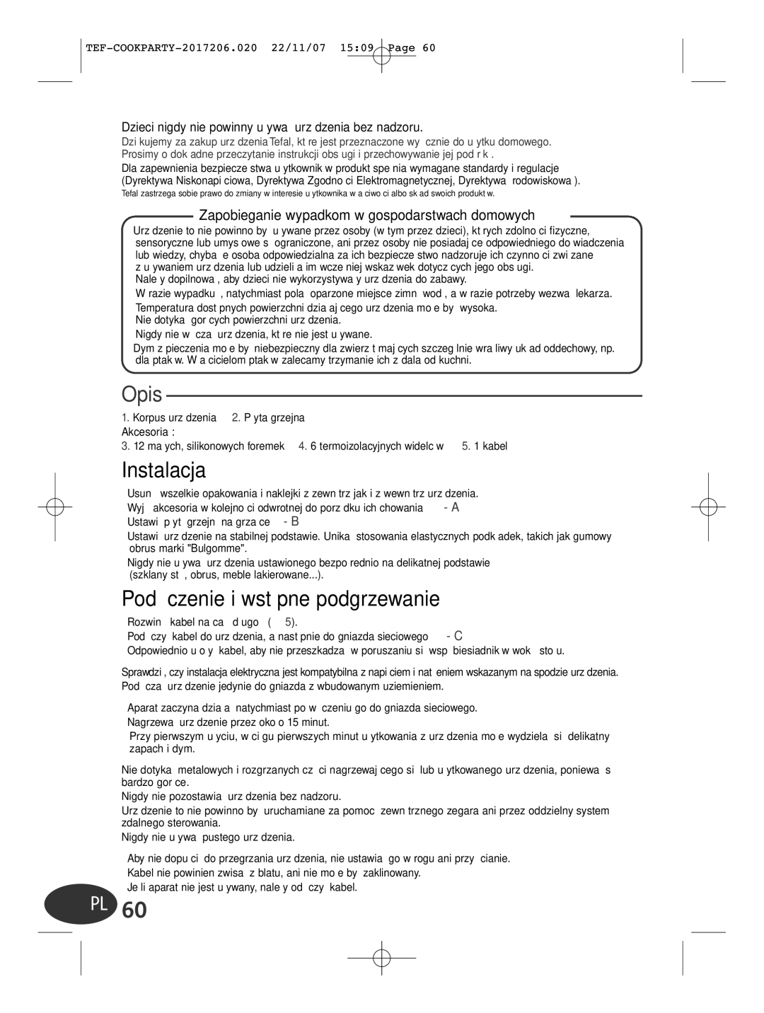 Tefal KD500012 manual Opis, Instalacja, Podłączenie i wstępne podgrzewanie 