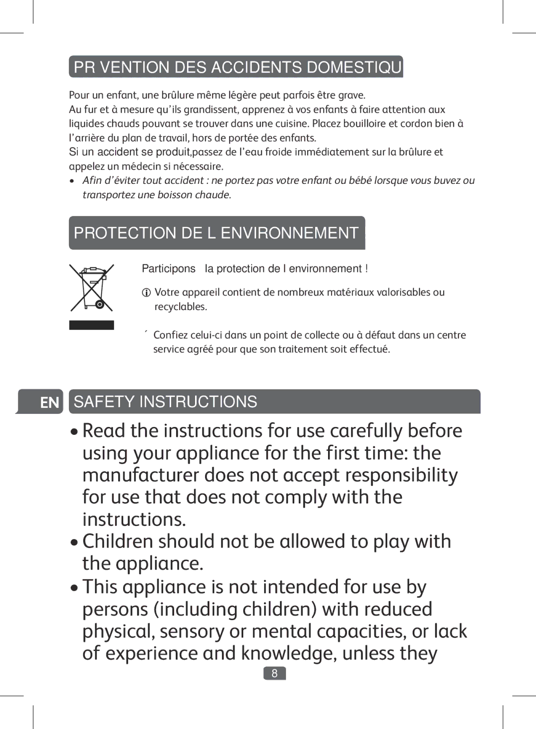 Tefal KI501DKR manual Prévention DES Accidents Domestiques, Protection DE L’ENVIRONNEMENT, Safety Instructions 