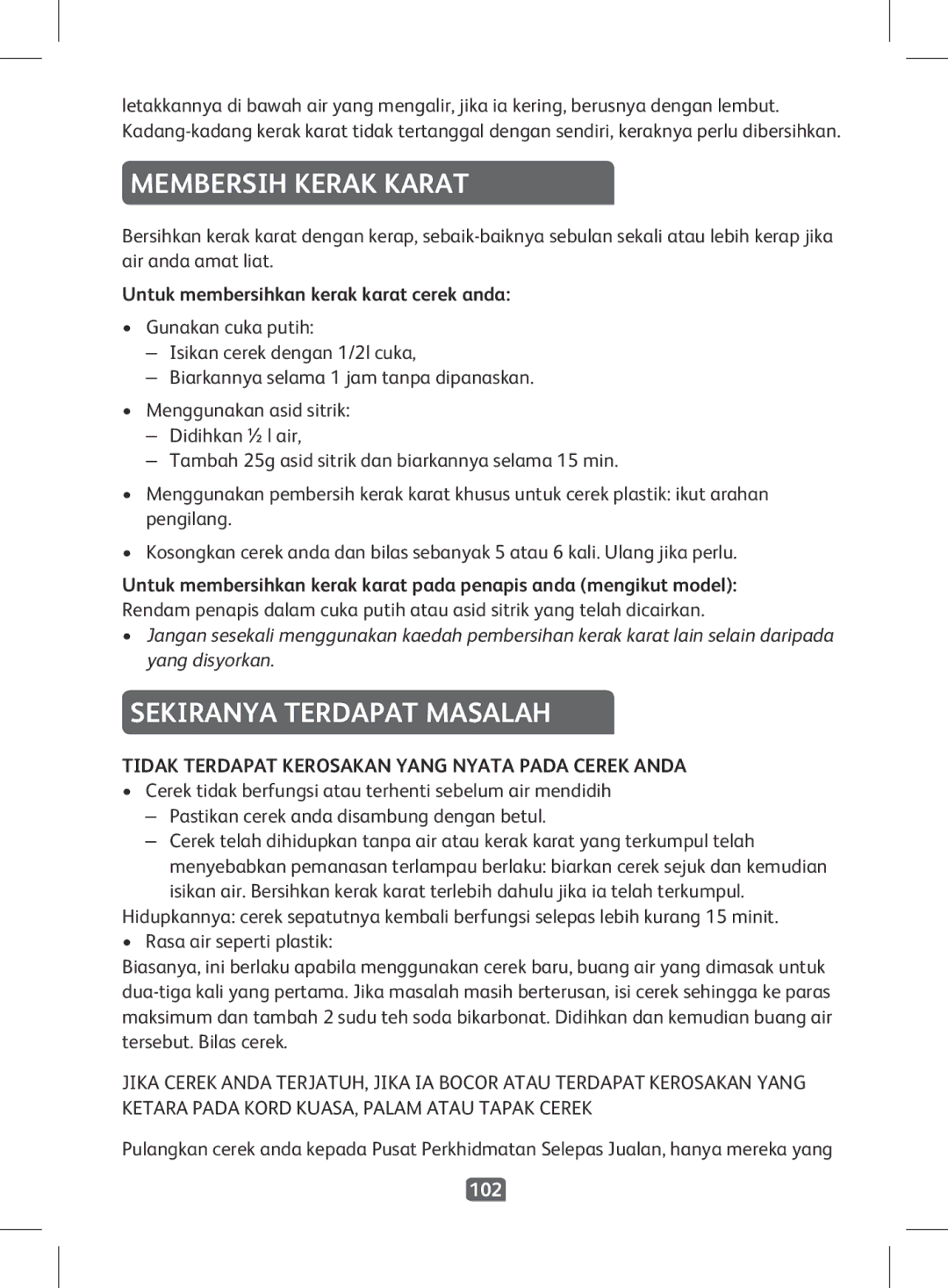 Tefal KI501DKR manual Membersih Kerak Karat, Sekiranya Terdapat Masalah, Untuk membersihkan kerak karat cerek anda, 102 