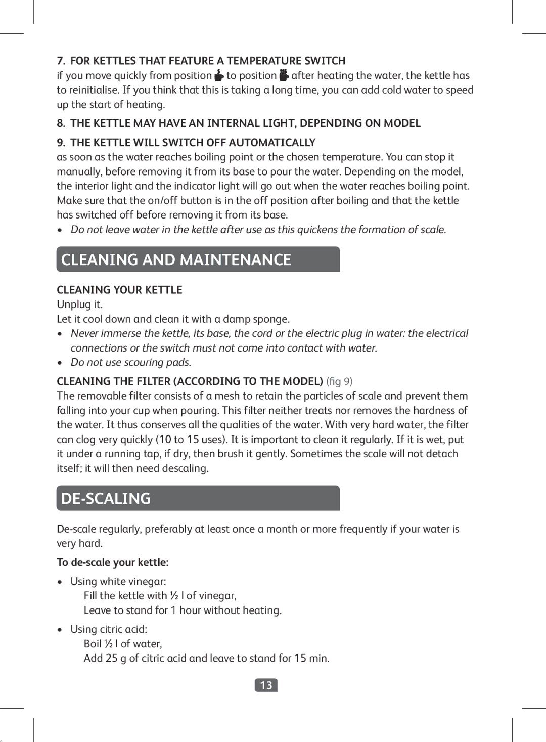 Tefal KI501DKR Cleaning and Maintenance, De-Scaling, Cleaning Your Kettle, Cleaning the Filter According to the Model fig 