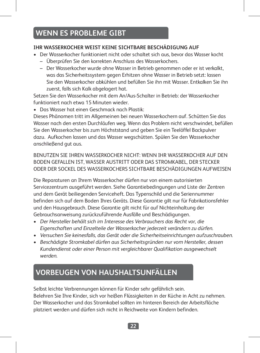 Tefal KI501DKR manual Wenn ES Probleme Gibt, Vorbeugen VON Haushaltsunfällen 