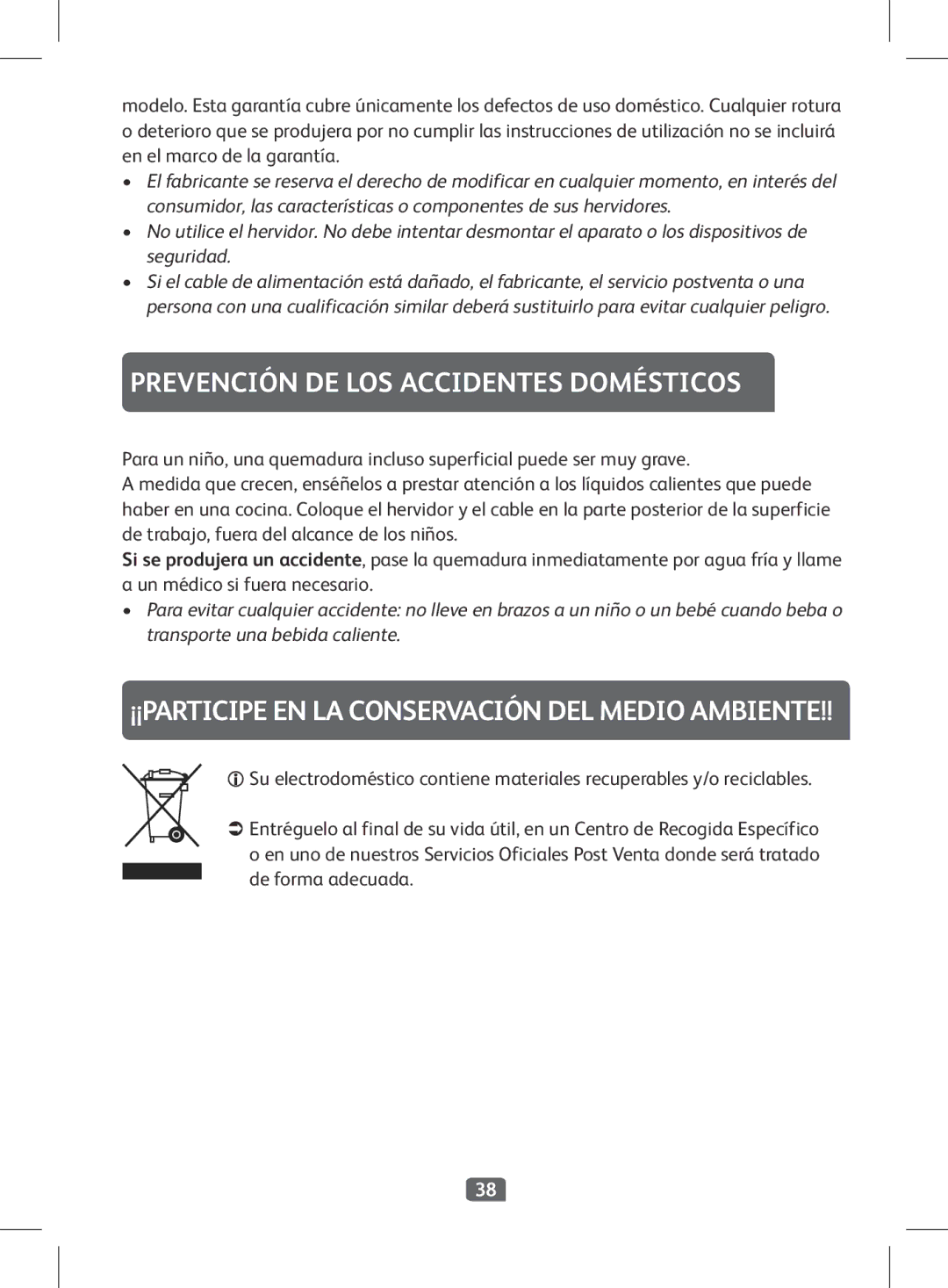 Tefal KI501DKR manual Prevención DE LOS Accidentes Domésticos, ¡¡PARTICIPE EN LA Conservación DEL Medio Ambiente 