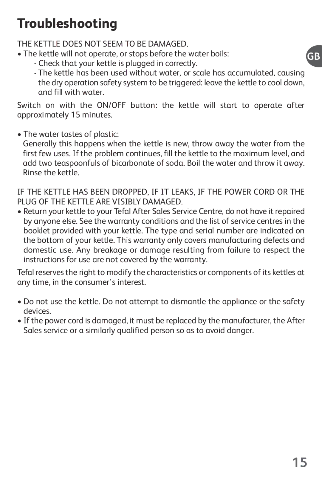 Tefal KO1021JP, KO102140, KO102110, KO1021KR, KO1021HK manual Troubleshooting, Kettle does not Seem to be Damaged 