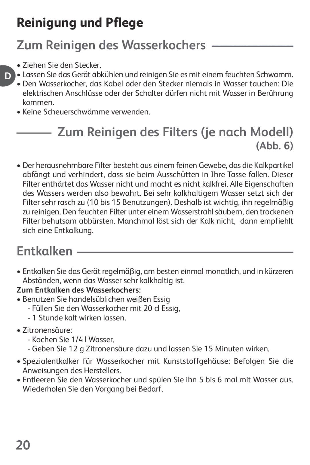 Tefal KO1021JP Reinigung und Pflege, Zum Reinigen des Wasserkochers, Entkalken, Zum Reinigen des Filters je nach Modell 