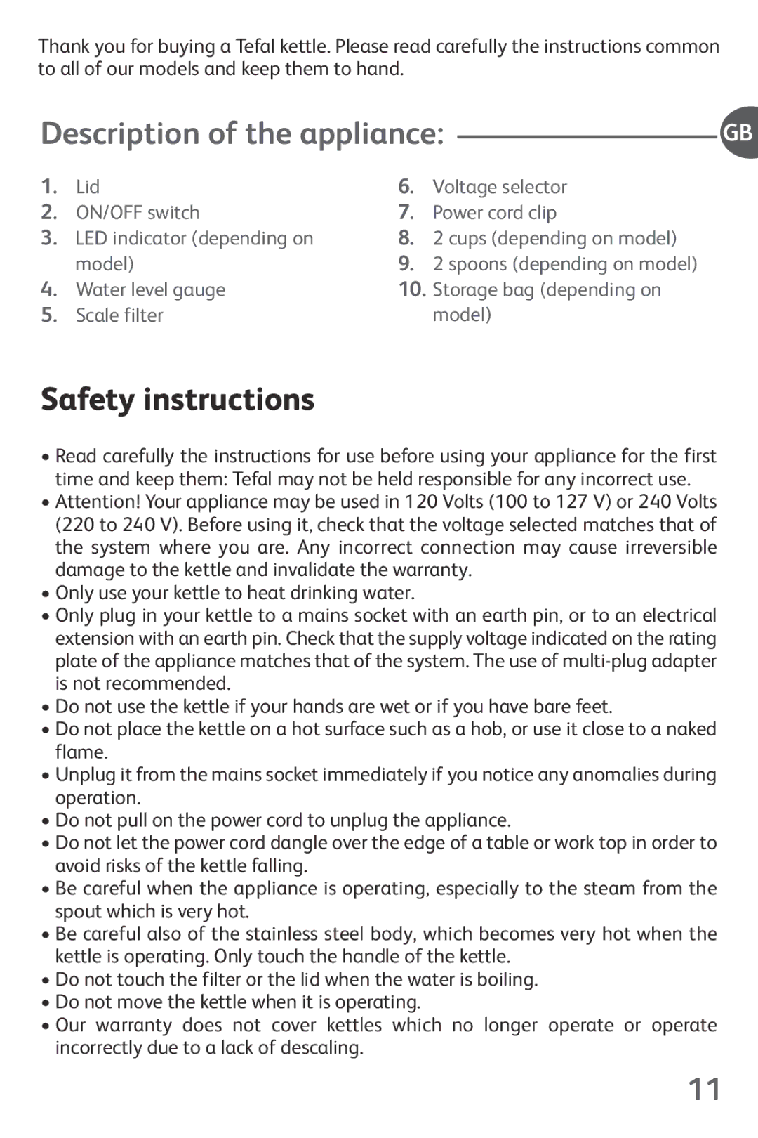 Tefal KO1021HK, KO102140, KO102110, KO1021KR, KO1021JP manual Safety instructions, Description of the appliance 