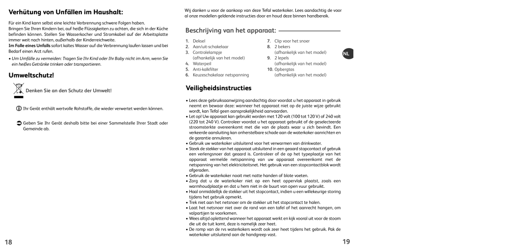 Tefal KO102810 Verhütung von Unfällen im Haushalt, Umweltschutz, Beschrijving van het apparaat, Veiligheidsinstructies 