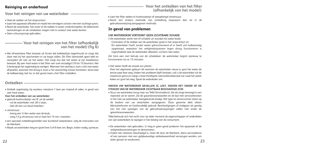 Tefal KO102810 manual Reiniging en onderhoud, Voor het reinigen van uw waterkoker, Ontkalken, Geval van problemen 