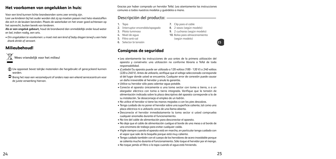 Tefal KO102810 manual Het voorkomen van ongelukken in huis, Milieubehoud, Descripción del producto, Consignas de seguridad 