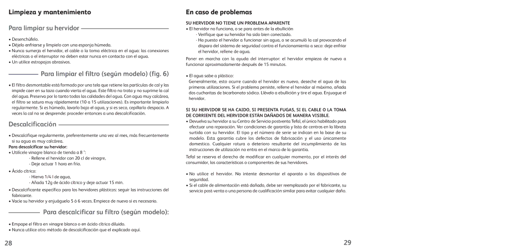 Tefal KO102810 manual Para limpiar su hervidor, Para limpiar el filtro según modelo fig, Descalcificación 