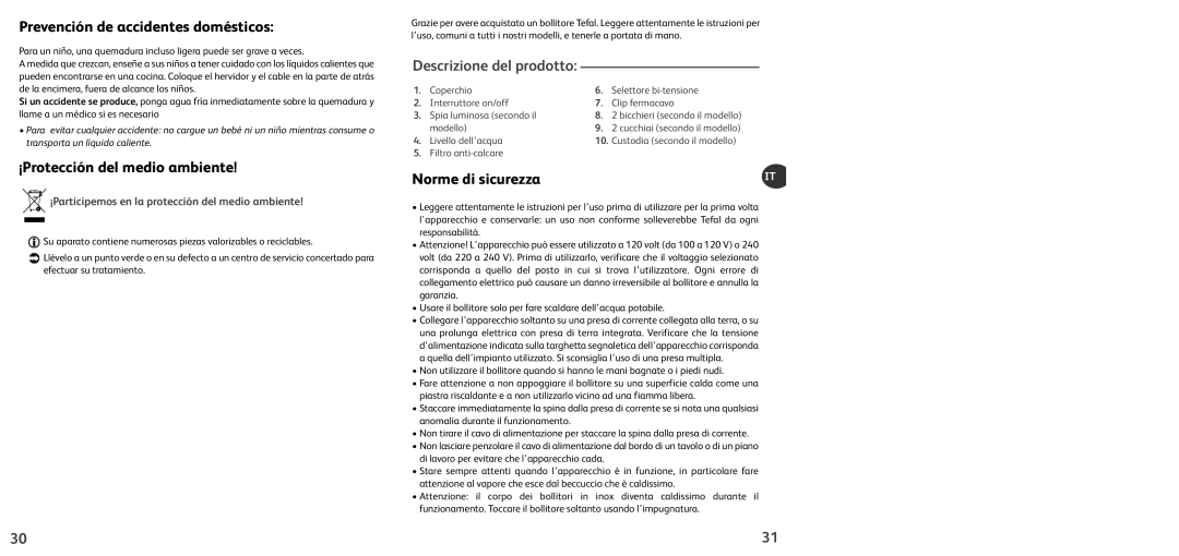 Tefal KO102810 manual Prevención de accidentes domésticos, ¡Protección del medio ambiente, Descrizione del prodotto 