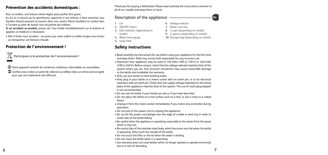 Tefal KO102810 manual Prévention des accidents domestiques, Protection de l’environnement, Safety instructions 