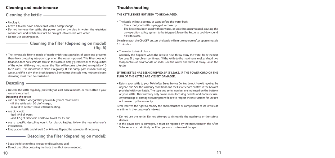 Tefal KO102810 Cleaning and maintenance, Cleaning the kettle, Descaling the filter depending on model, Troubleshooting 