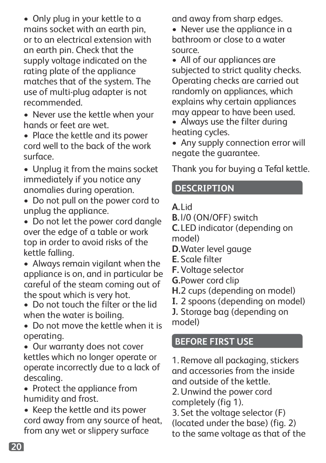 Tefal KO120110 manual Description, Before First USE, Unwind the power cord completely fig 