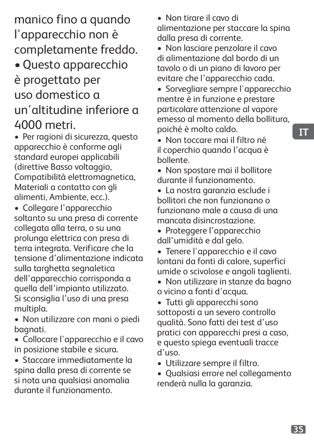 Tefal KO120110 manual Per ragioni di sicurezza, questo, Tenere lapparecchio e il cavo 