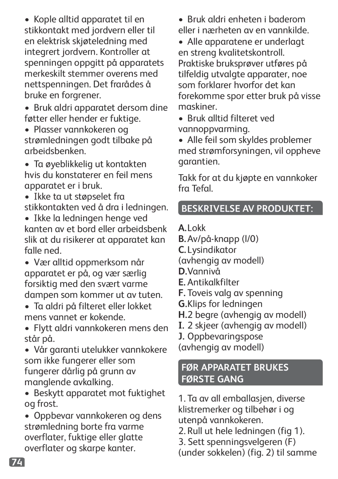 Tefal KO120110 manual Beskrivelse AV Produktet, Lokk Av/på-knapp l/0, FØR Apparatet Brukes Første Gang 