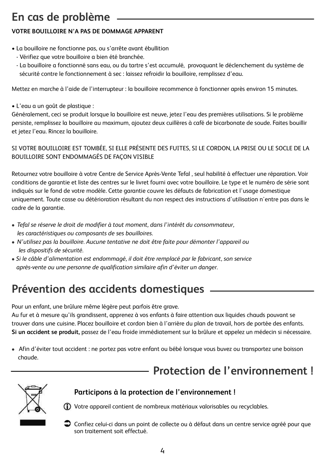 Tefal KO2991JP, KO299173, KO299131 En cas de problème, Prévention des accidents domestiques, Protection de l’environnement 