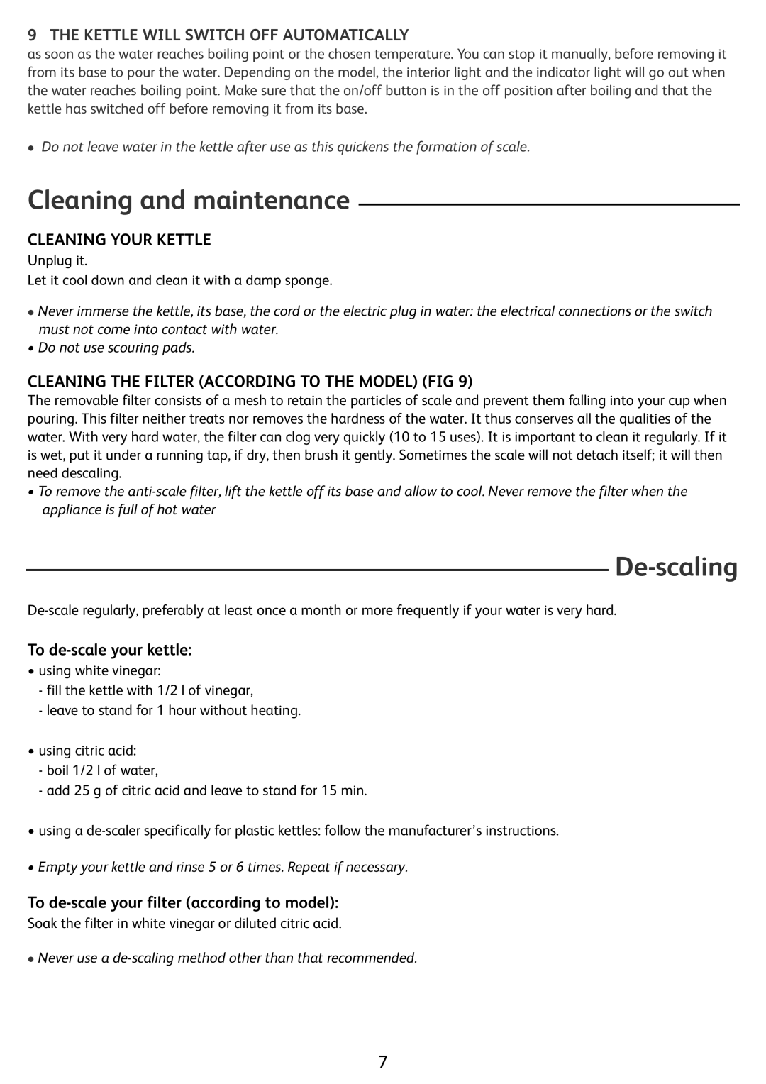 Tefal KO299171, KO299173 Cleaning and maintenance, De-scaling, Kettle will Switch OFF Automatically, Cleaning Your Kettle 