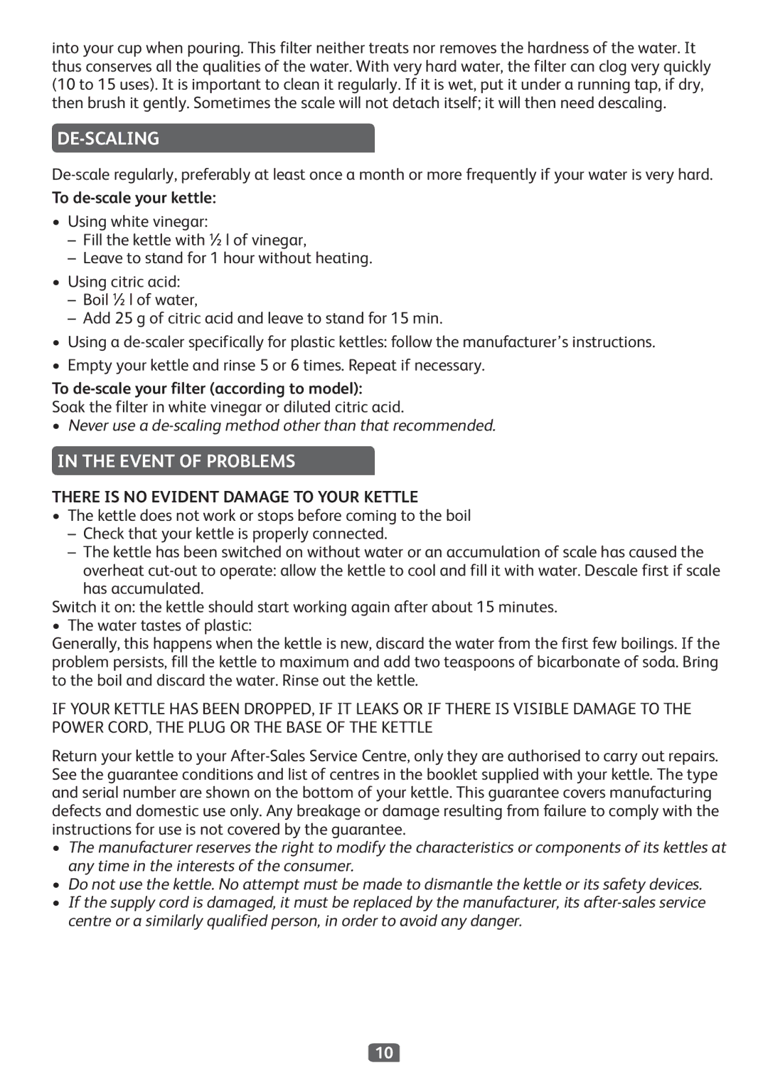 Tefal KO299827 manual De-Scaling, Event of Problems, To de-scale your kettle, To de-scale your filter according to model 