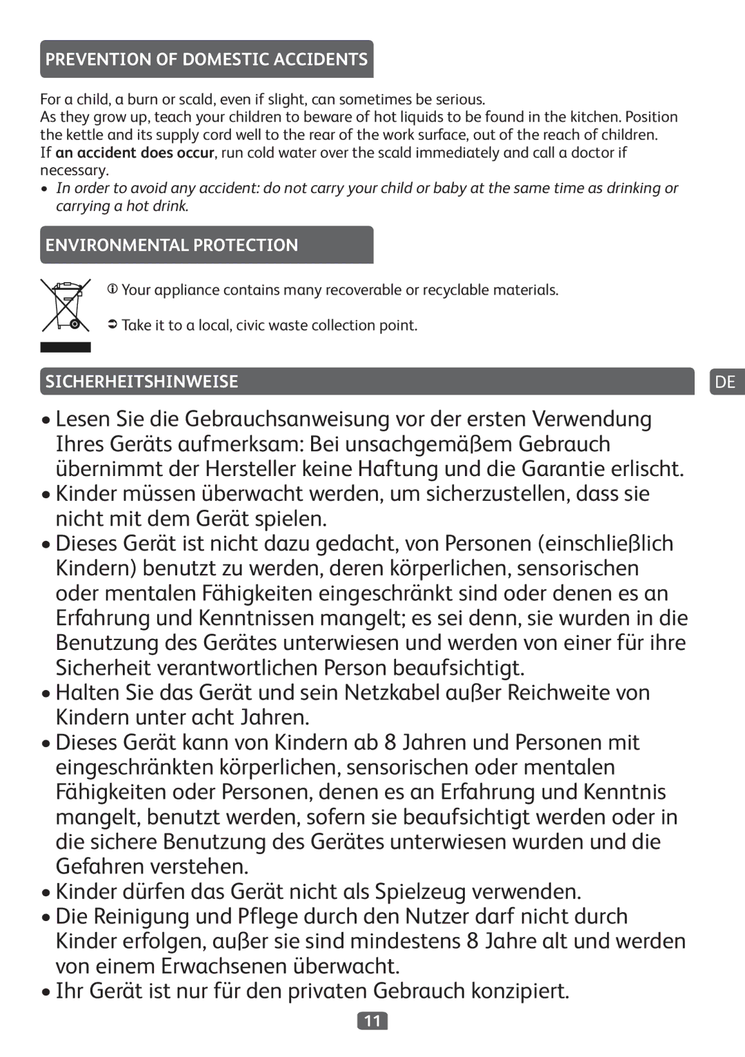 Tefal KO299831, KO299815, KO299840, KO299850 Prevention of Domestic Accidents, Environmental Protection, Sicherheitshinweise 