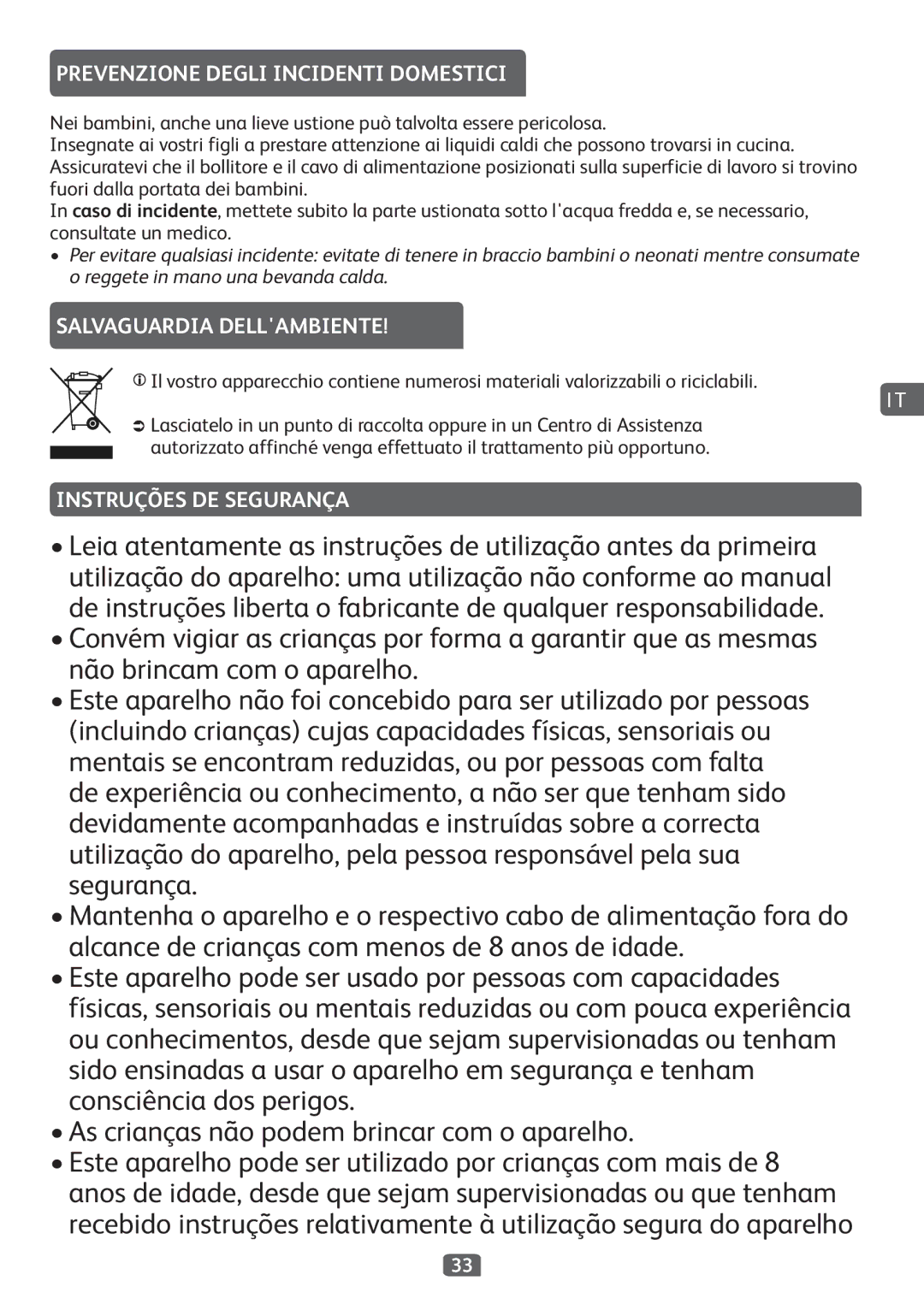 Tefal KO299815, KO299840 manual Prevenzione Degli Incidenti Domestici, Salvaguardia Dellambiente, Instruções DE Segurança 