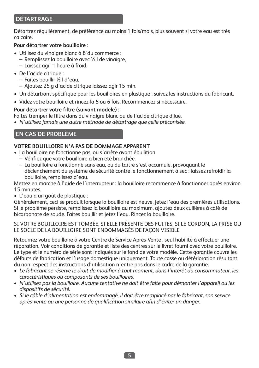 Tefal KO299815 Détartrage, EN CAS DE Problème, Pour détartrer votre bouilloire, Pour détartrer votre filtre suivant modèle 