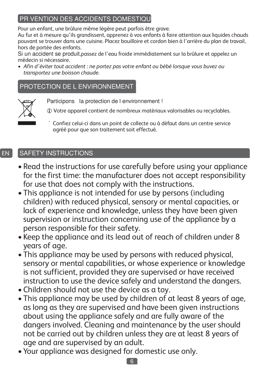 Tefal KO299840, KO299815 manual Prévention DES Accidents Domestiques, Protection DE L’ENVIRONNEMENT, EN Safety Instructions 