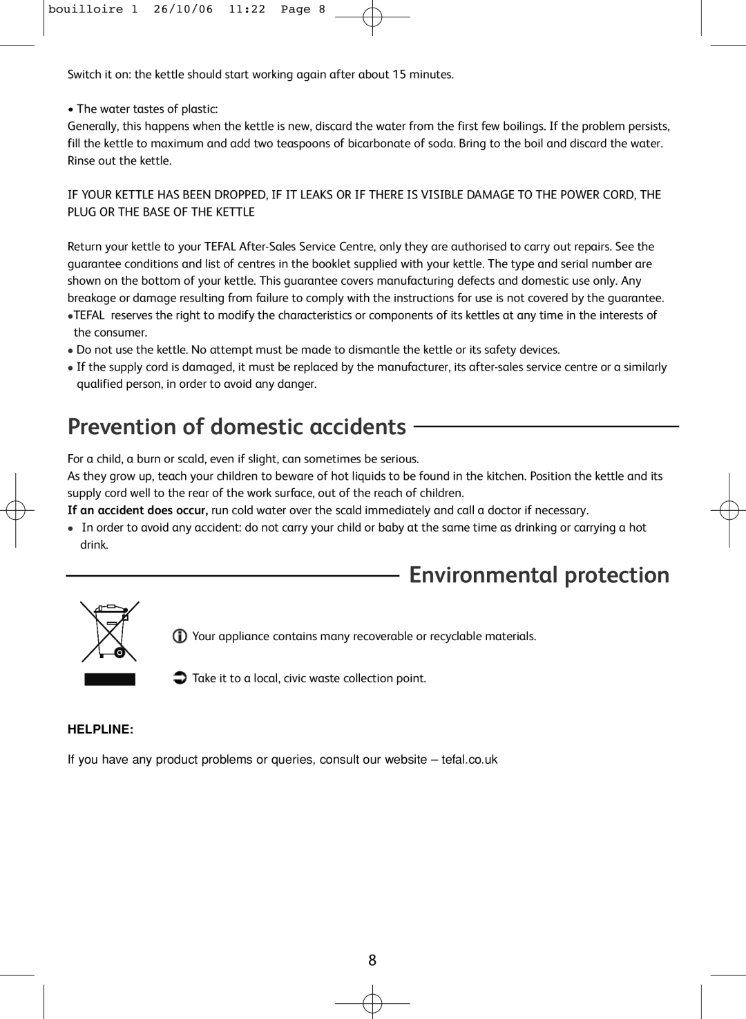 Tefal KO300041, KO300021, KO300030, KO300040 manual Prevention of domestic accidents, Environmental protection 