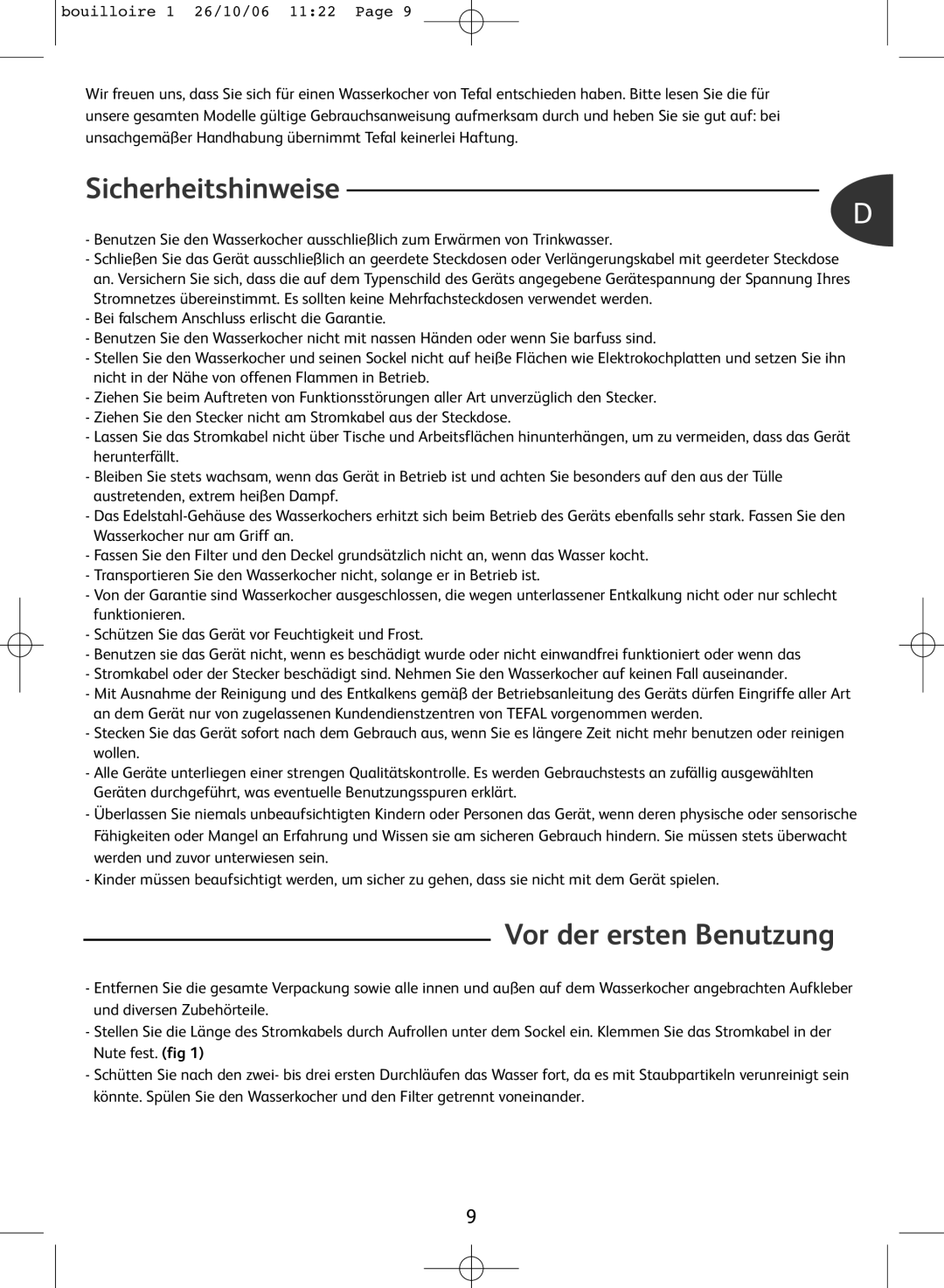 Tefal KO300040, KO300021, KO300030, KO300041 manual Sicherheitshinweise, Vor der ersten Benutzung 