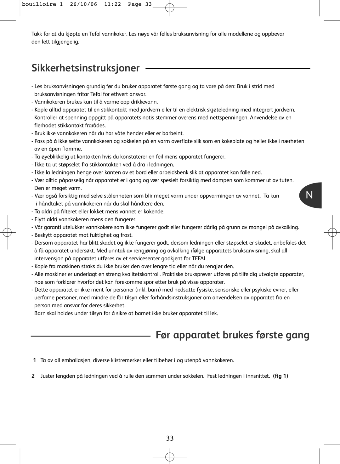 Tefal KO300040, KO300021, KO300030, KO300041 manual Sikkerhetsinstruksjoner, Før apparatet brukes første gang 