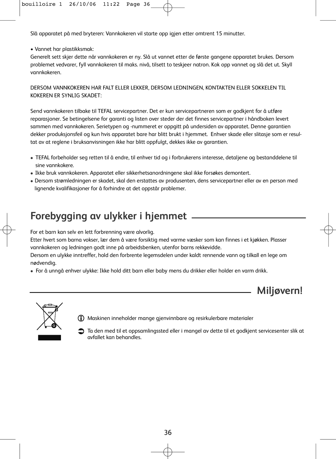 Tefal KO300041, KO300021, KO300030, KO300040 manual Forebygging av ulykker i hjemmet, Miljøvern 