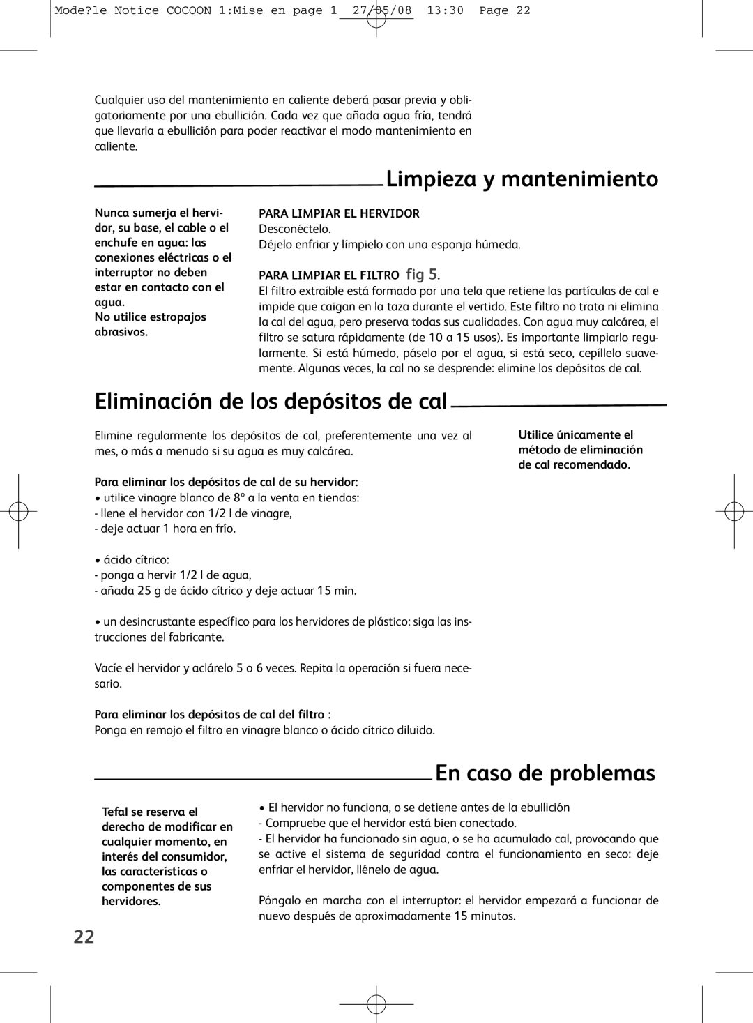 Tefal KO304131, KO3041KR manual Limpieza y mantenimiento, Eliminación de los depósitos de cal, En caso de problemas 