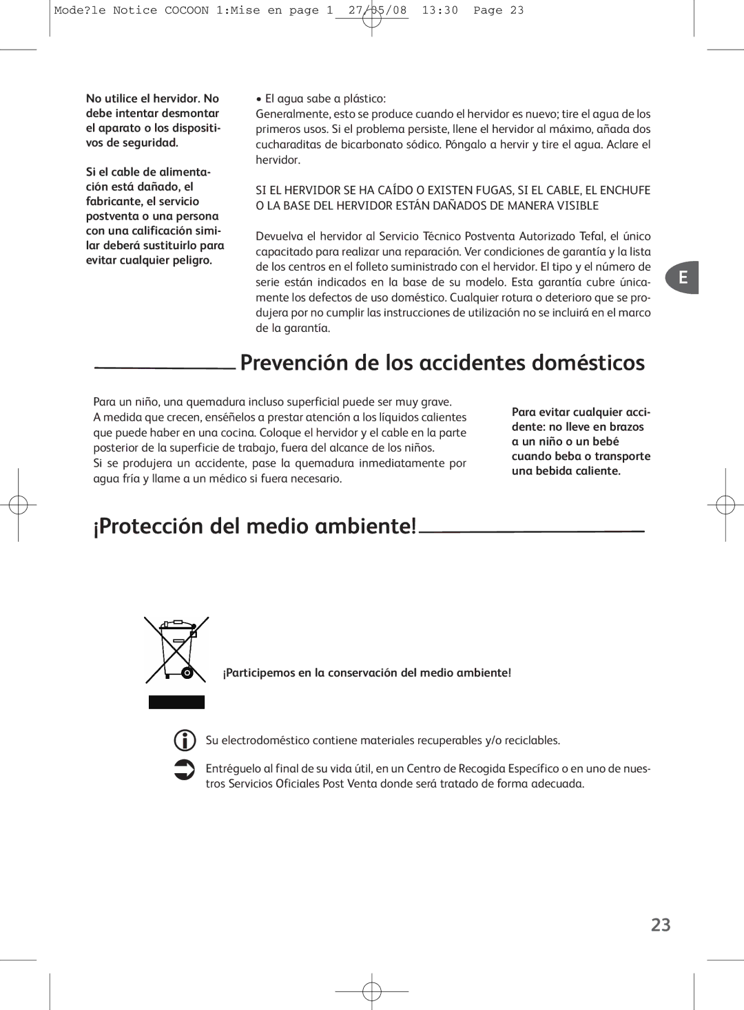 Tefal KO3041KR, KO304131 manual Prevención de los accidentes domésticos, ¡Protección del medio ambiente 