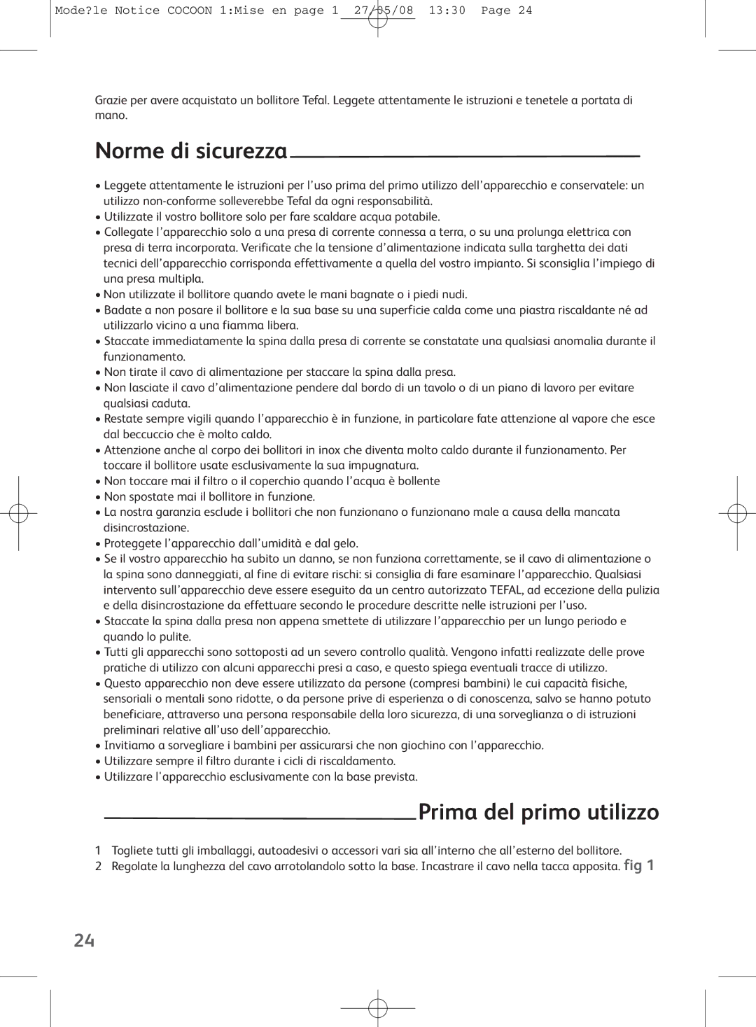 Tefal KO304131, KO3041KR manual Norme di sicurezza, Prima del primo utilizzo 