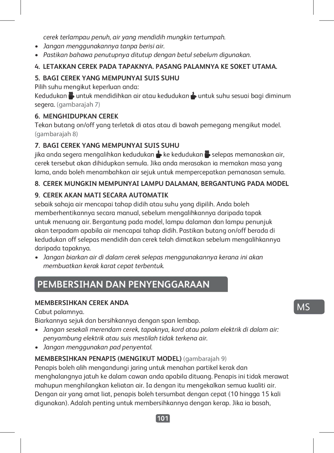 Tefal KO380810 manual Pembersihan DAN Penyenggaraan, Menghidupkan Cerek, Membersihkan Cerek Anda, 101 