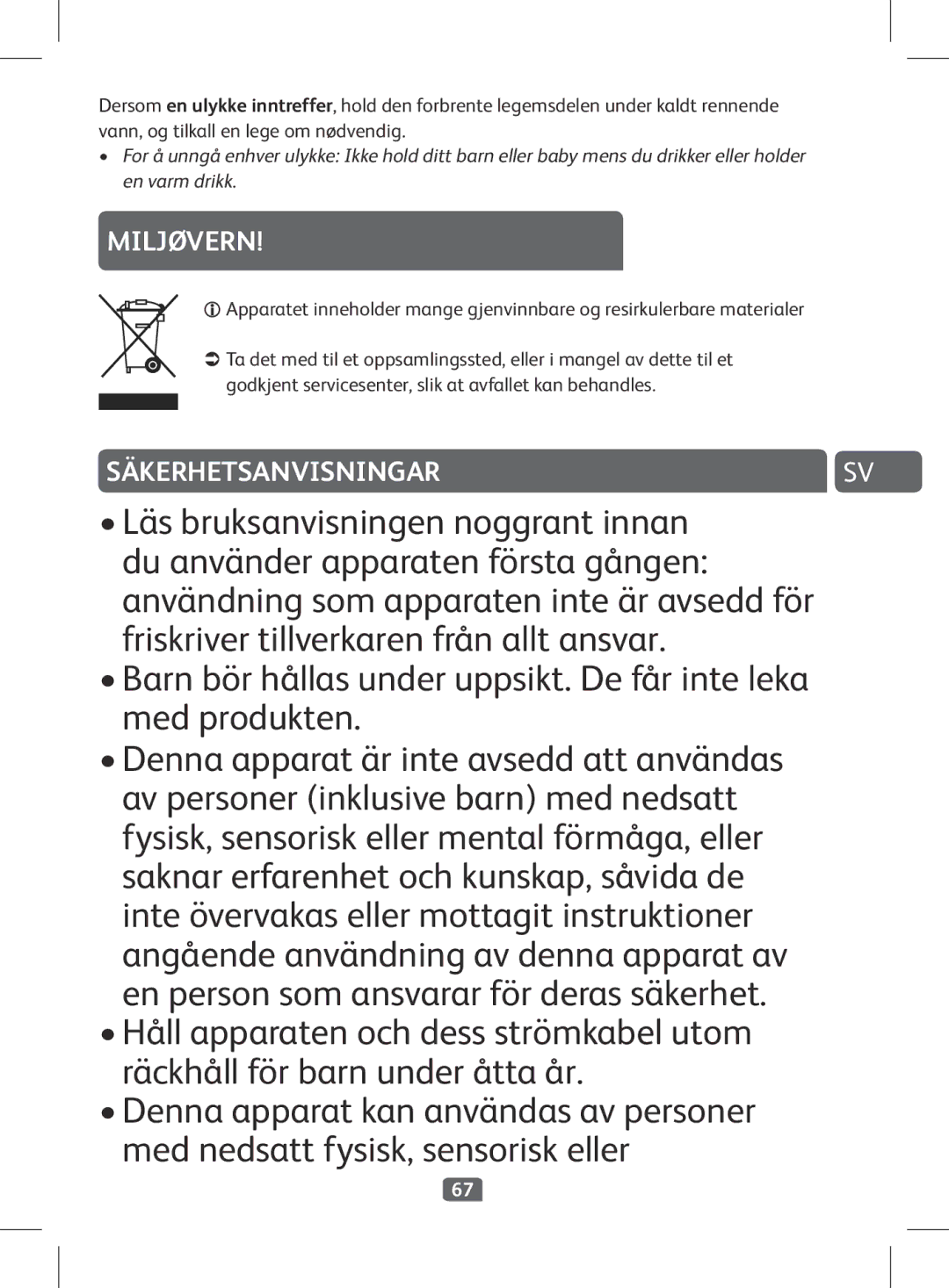 Tefal KO380810 manual Miljøvern, Säkerhetsanvisningar 