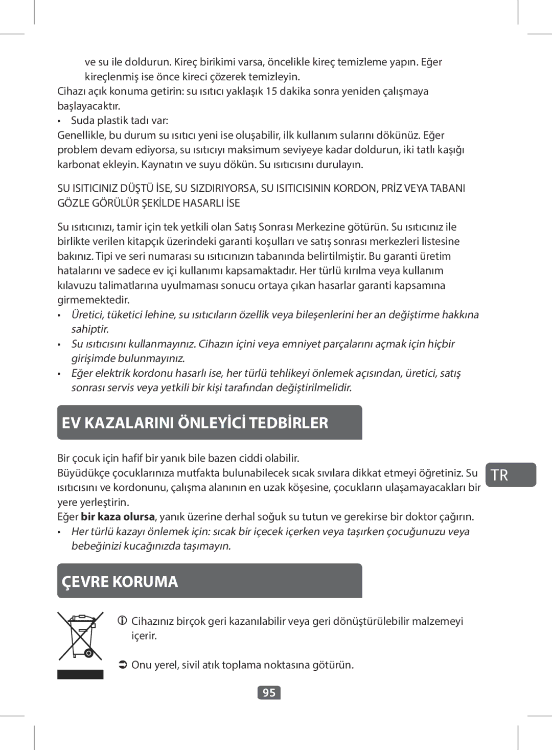 Tefal KO380810 manual EV Kazalarini Önleyİcİ Tedbİrler, Çevre Koruma 