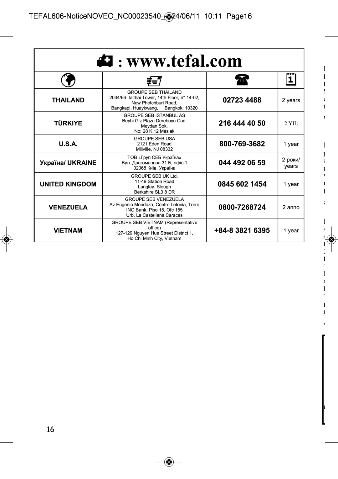 Tefal LT251870 manual TEFAL606-NoticeNOVEONC00023540- 24/06/11 1011 Page16 