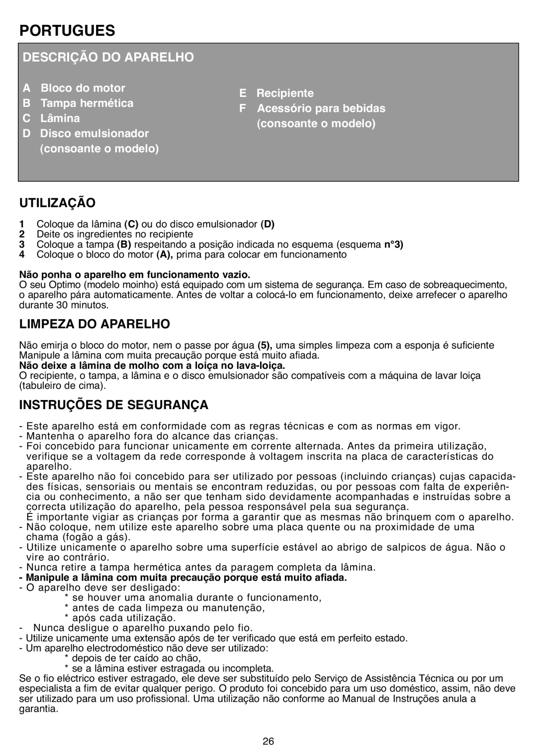 Tefal MB403444, MB403480 manual Portugues, Descrição Do Aparelho, Utilização, Limpeza Do Aparelho, Instruções De Segurança 