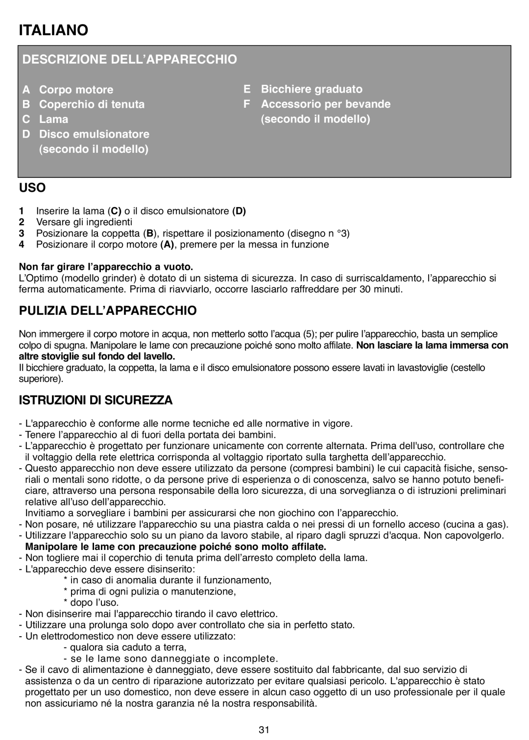 Tefal MB403444, MB403480 manual Italiano, Descrizione Dellʼapparecchio, Pulizia Dellʼapparecchio, Istruzioni Di Sicurezza 