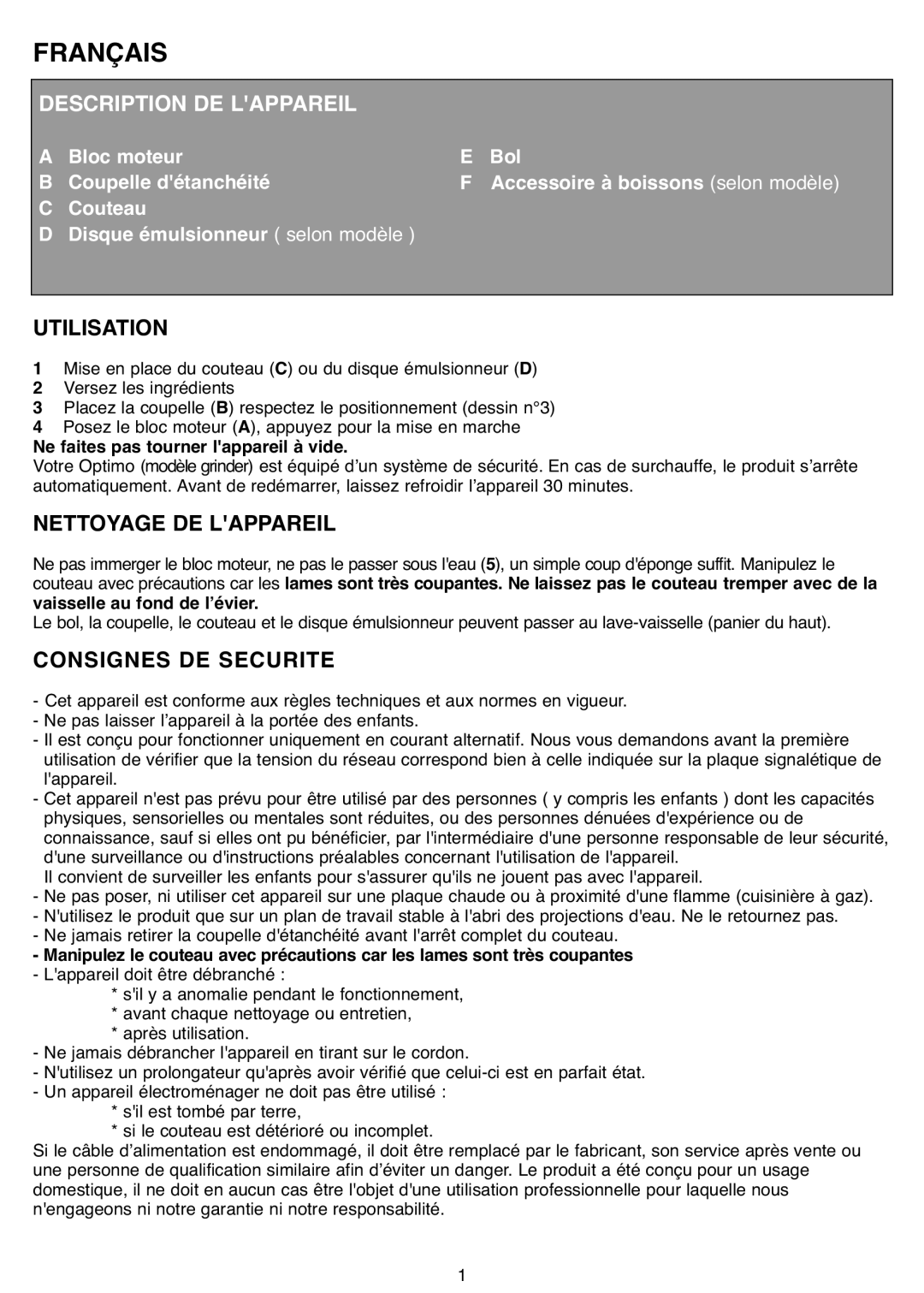 Tefal MB403444, MB403480 Français, Description De Lappareil, Utilisation, Nettoyage De Lappareil, Consignes De Securite 