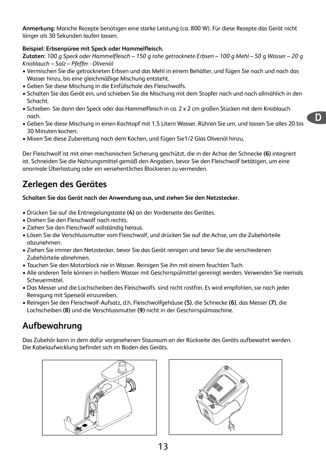 Tefal ME700131, ME700113, ME700161 Zerlegen des Gerätes, Aufbewahrung, Beispiel Erbsenpüree mit Speck oder Hammelfleisch 