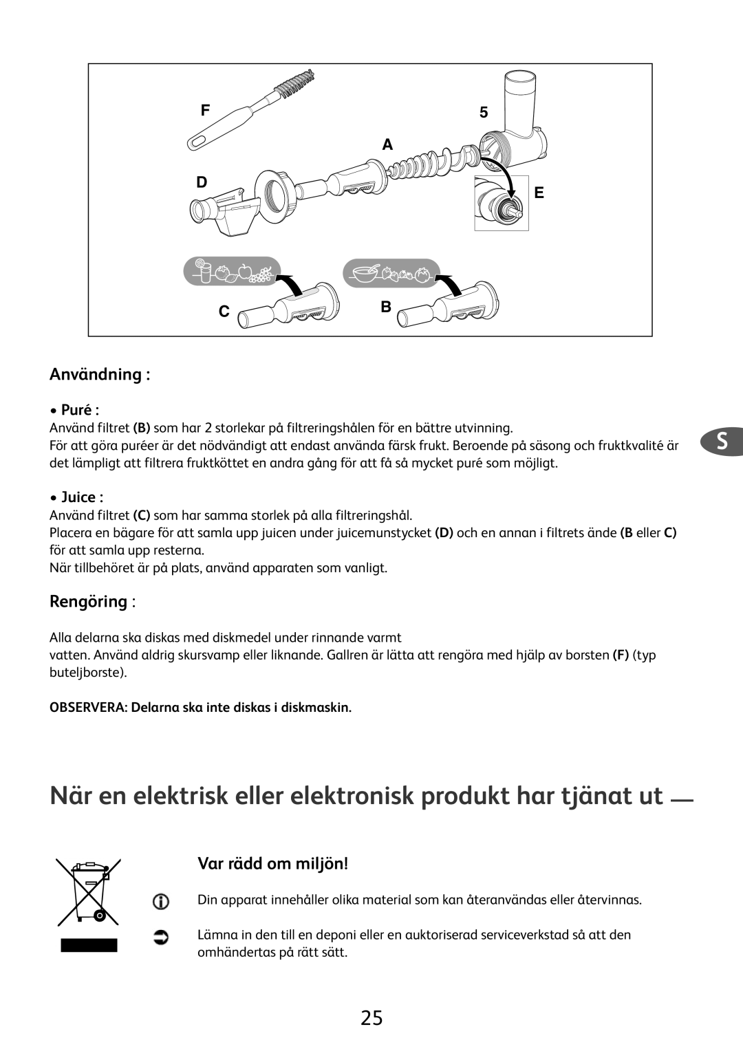 Tefal ME700160 manual När en elektrisk eller elektronisk produkt har tjänat ut, Användning, Rengöring, Var rädd om miljön 