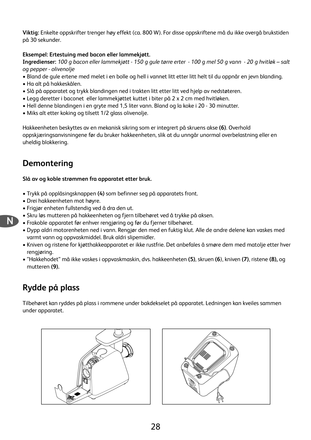 Tefal ME700150, ME700113, ME700161, ME700141 Rydde på plass, Demontering, Eksempel Ertestuing med bacon eller lammekjøtt 