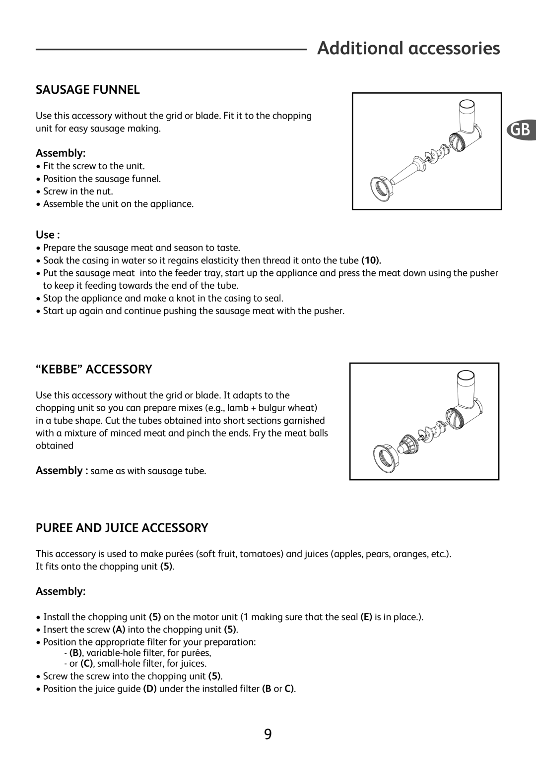 Tefal ME701188 manual Additional accessories, Sausage Funnel, Kebbe Accessory, Puree and Juice Accessory 